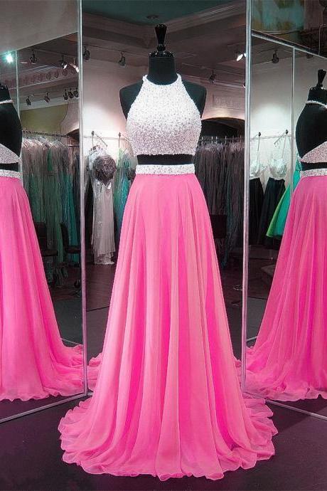 Pink Prom Dresses, Elegant Prom Dress, Floor Length Prom Dress, Chiffon Prom Dress, 2 Piece Prom Dresses, Beaded Prom Dress, A Line Prom Dress