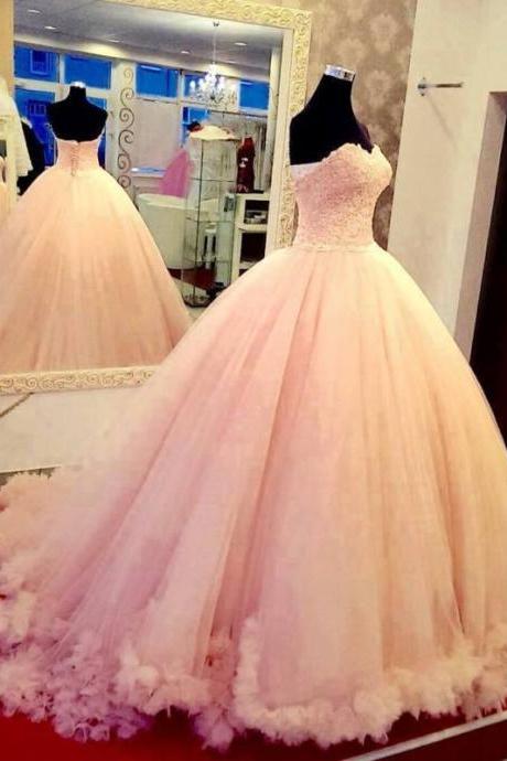 Pink Prom Dress, Prom Ball Gown, Boho Ball Gown, Handmade Flowers Prom Dress, Tulle Prom Dress, Princess Prom Dresses, Elegant Prom Dresses, Sweetheart Neckline Prom Dress, Tulle Prom Dress