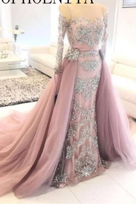 Dusty Pink Evening Dress, Long Sleeve Evening Dress, Lace Applique Evening Dress, Detachable Evening Dress, Mermaid Evening Dress, Elegant Evening Dress, Women Formal Dresses, Cheap Evening Dress