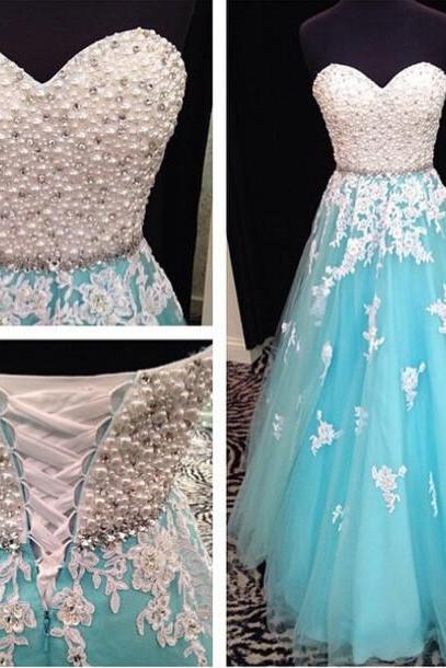 Blue Prom Dress, Lace Applique Prom Dress, Tulle Prom Dress, Beaded Prom Dress, A Line Prom Dress, Prom Dresses 2023, 2022 Prom Dress, Sweetheart Prom Dress, Elegant Prom Dress