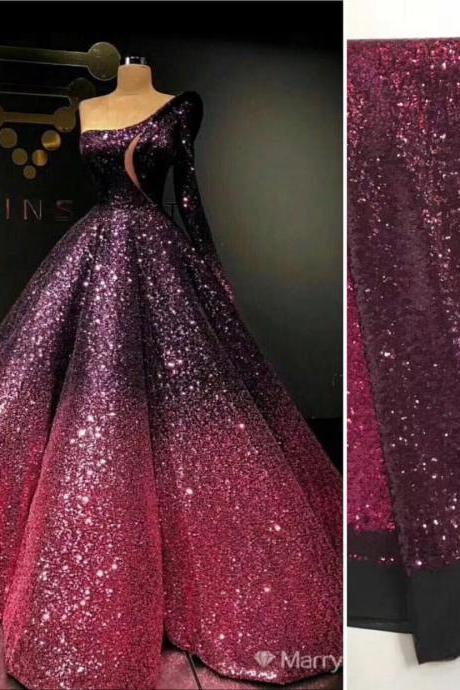 Prom Ball Gown, Ball Gown Prom Dress, Gradient Prom Dress, Sequin Prom Dress, Luxury Prom Dress, Long Sleeve Prom Dress, One Shoulder Prom Dress,