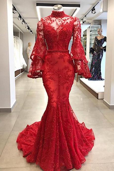 red prom dresses, mermaid prom dress, abendkleider 2022, prom dresses long sleeve, 2023 prom dresses, lace applique prom dress, elegant formal dress, custom make prom dresses, new fashion evening dress