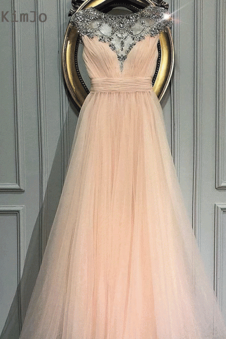 Pale Pink Prom Dress, Beaded Prom Dress, Cap Sleeve Prom Dress, Prom Dresses 2022, Tulle Prom Dress, Prom Dresses Long, Elegant Prom Dress, A