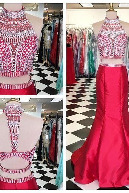 2 Piece Prom Dress, Beaded Evening Dress, Mermaid Evening Dress, Women Formal Dress, Evening Dresses 2023, Vestido De Festa, Red Evening Dress,