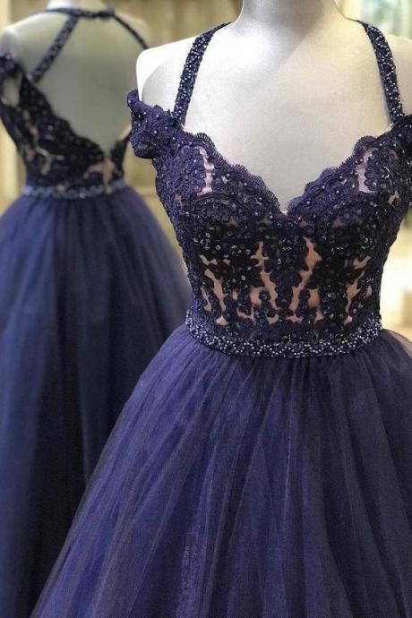 Navy Blue Prom Dress, Lace Applique Prom Dress, Halter Prom Dress, Elegant Prom Dress, Prom Gown, Prom Dresses Long, Prom Dress, Off The