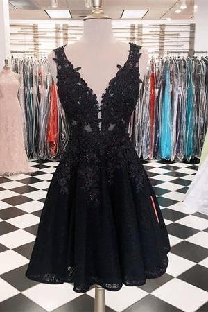 Short Prom Dress, Black Prom Dress, Lace Applique Prom Dress, Prom Dress, Elegant Prom Dress, V Neck Prom Dress, Short Homecoming Dress,