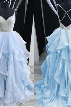 blue prom dress, tiered prom dress, beaded prom dress, elegant prom dress, prom ball gown, ball gown prom gowns, spaghetti straps prom dress, prom dresses long, vestido de graduacion