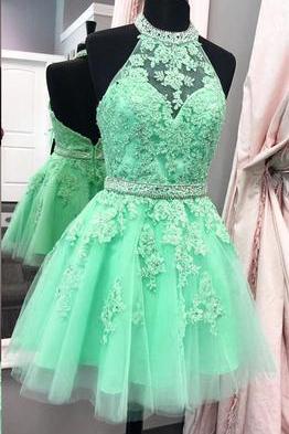 Short Prom Dress, Beaded Prom Dress, Mint Green Prom Dress, Prom Gown, 2023 Prom Dresses, Lace Applique Prom Dress, Homecoming Dresses 2022,