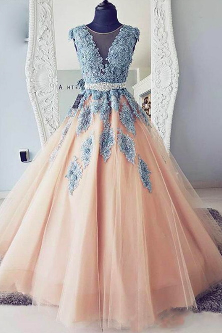 Ball Gown Prom Dress, Peach Prom Dress,lace Applique Prom Dress, Beaded Prom Dress, Elegant Prom Dress, Cap Sleeve Prom Dress, Prom Gowns 2023,