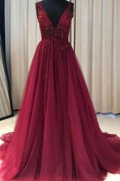 V Neck Prom Dress, Burgundy Prom Dress, Beaded Prom Dress, A Line Prom Dress, Elegant Prom Dress, Prom Dress, Senior Formal Dress, Custom Make