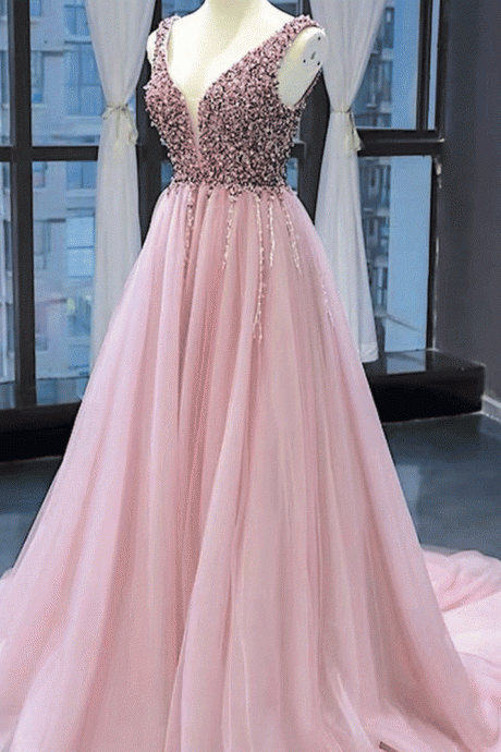 Pink Prom Dress, Beaded Prom Dress, V Neck Prom Dress, Prom Dresses, Senior Formal Dress, Elegant Prom Dress, Prom Gown, 2023 Prom Dresses, 2022