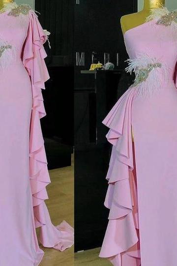 feather evening dress, pink evening dress, chiffon evening dress, evening gown, elegant evening dress, vestido de festa de longo, robe de soiree, custom make dress, beaded evening dress, abendkleider
