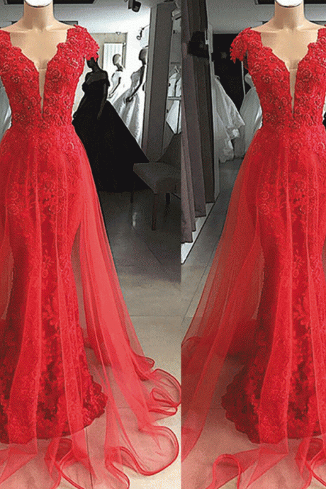 Red Evening Dress, Detachable Skirt Evening Dress, Mermaid Evening Dress, Sexy Formal Dress, Modest Evening Dress, Lace Applique Evening Dress,