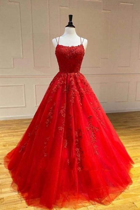 Red Prom Dress, Lace Applique Prom Dress, Boat Neck Prom Dress, Spaghetti Straps Prom Dress, Elegant Prom Dress, Prom Gowns, Senior Formal Dress,