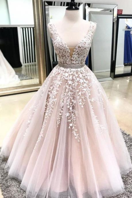 Deep V Neck Prom Dress, Pink Prom Dress, Prom Dresses Long, Vestido De Longo, Lace Applique Prom Dress, Prom Gown, Elegant Prom Dress, Sleeveless