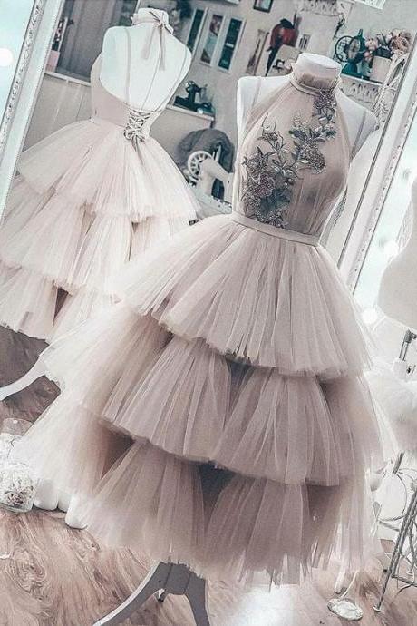 dusty pink prom dress,high neck prom dress, tiered prom dress, prom gown, embrodiery applique prom dress, elegant prom dress, tea length prom dress, sleeveless prom dress, prom gown