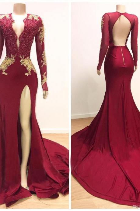 Modest Evening Dress, Red Evening Dresses, Long Sleeve Evening Dress, Formal Party Dress, Mermaid Evening Dress, Lace Applique Evening Dress,