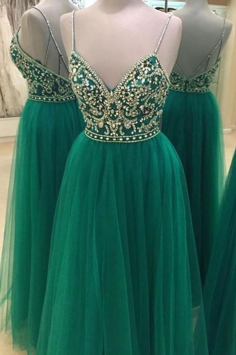 Green Prom Dress, Beaded Prom Dress, Robe De Soiree, Vestido De Longo, Spaghetti Strap Prom Dress, Tulle Prom Dresses, 2023 Prom Dress, Tulle