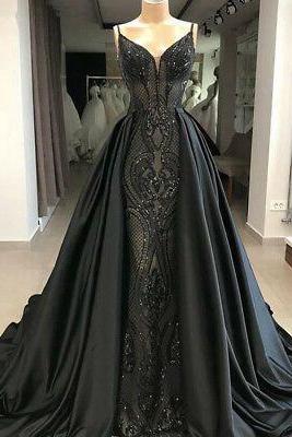 Detachable Skirt Prom Dress, Black Prom Dress, Robe De Soiree, Sparkly Prom Dress, Vestido De Longo, Sequin Applique Prom Dress, Prom Dresses