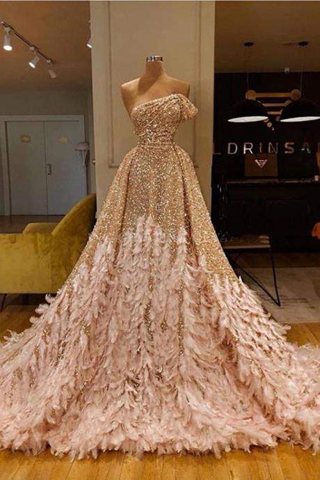 Luxury Prom Dress, Feather Prom Dresses, Ball Gown Prom Dress, 2022 Prom Ball Gown, Sparkly Prom Dresses, Vestido De Festa De Longo, One Shoulder