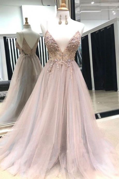 Beaded Prom Dress, Spaghetti Straps Prom Dress, Elegant Prom Dress, 2022 Prom Gowns, Vestido De Longo, Prom Dresses 2023, A Line Prom Dress,