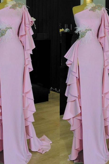 Pink Evening Dress, Feather Evening Dresses, One Shoulder Evening Dress, Beaded Evening Dress, 2022 Sexy Formal Dress, Mermaid Evening Dresses,