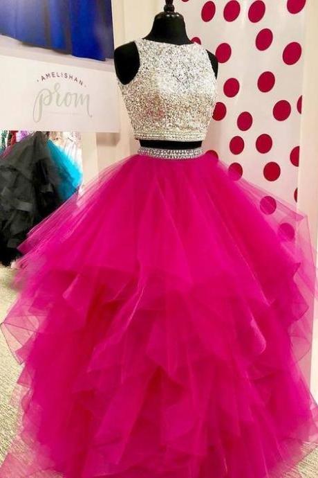 2 piece prom dresses, hot pink prom dress, beaded prom dresses, prom ball gown, tiered prom dresses, 2023prom dresses, vestido de graduacion, robe de soiree, prom dresses 2022