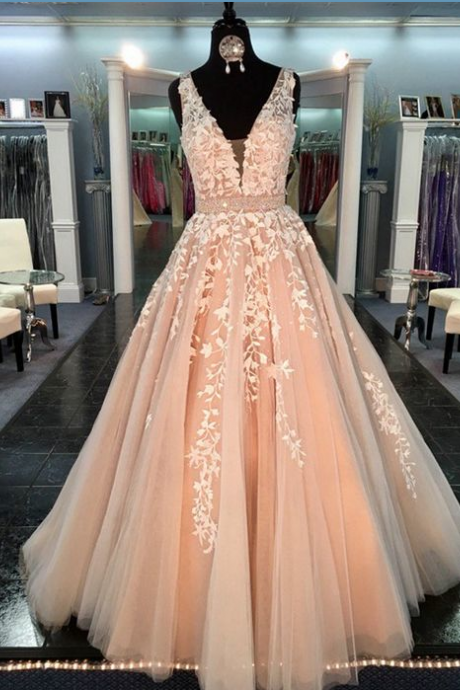 Dusty Pink Prom Dresses, Lace Applique Prom Dress, V Neck Prom Dress, Vestido De Longo, Beaded Prom Dresses, 2023 Prom Dress, Sleeveless Prom