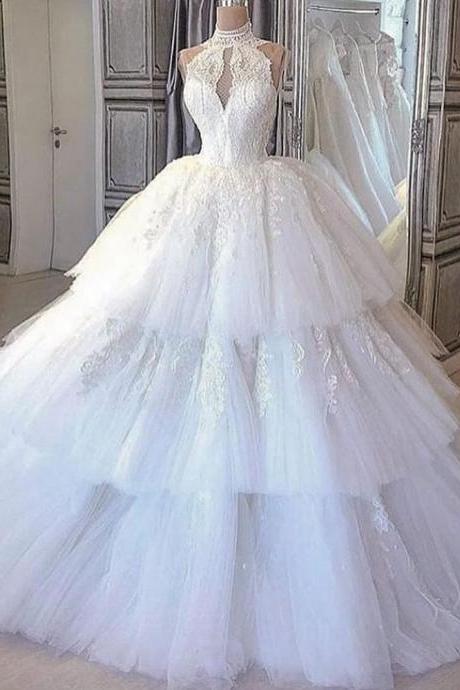 Vintage Wedding Dress, Tiered Wedding Dress, Lace Applique Wedding Dress, High Neck Wedding Dress, Wedding Ball Gown, Vestido De Noiva, Elegant