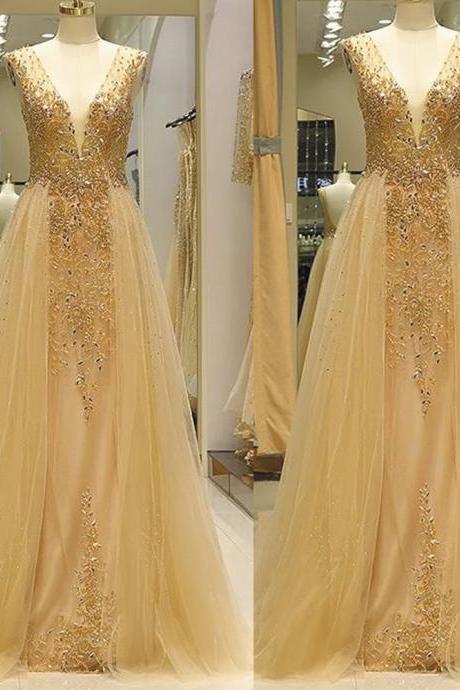 Detachable Skirt Prom Dress, Champagne Prom Dress, Beaded Prom Dresses, V Neck Prom Dress, Prom Gown, 2022 Prom Dresses, Vestido De Longo, Luxury