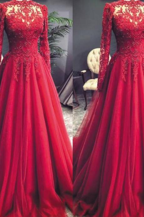 Vintage Prom Dress, Red Prom Dress, Lace Applique Prom Dresses, Beaded Prom Dresses, Long Sleeve Prom Dress, Elegant Prom Dress, 2023 Vestido De Longo, 2022 Prom Dresses
