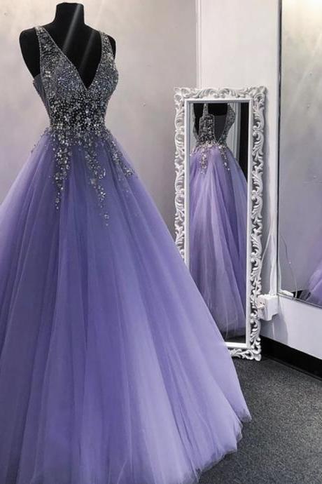 Purple Prom Dresses, Lavender Prom Dresses, Beaded Prom Dress, Vestido De Longo, 2022 Prom Dresses, Deep V Neck Prom Dresses, Prom Dresses 2023,