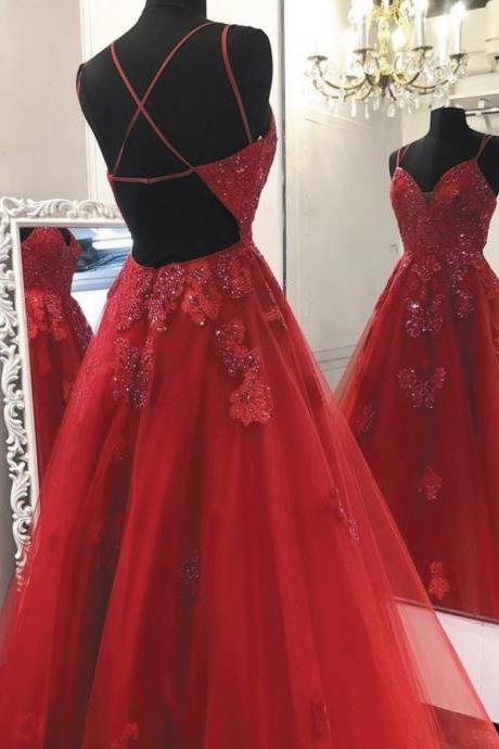 Red Lace Prom Dress, Lace Applique Prom Dresses, Spagehtti Strap Prom Dresses, Beaded Prom Dress, Elegant Prom Dresses, Prom Gown, Prom Dresses