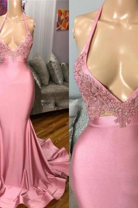 Pink Evening Dress, Lace Applique Evening Dress, Sexy Formal Dress, 2022 Party Dress Women Evening, Beaded Evening Dress, Modest Evening Dress,