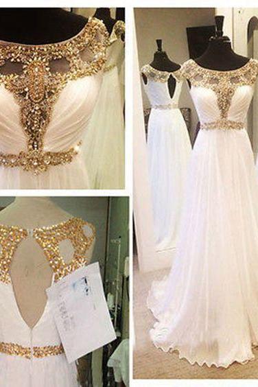 Chiffon Prom Dress, White Prom Dresses, Beaded Prom Dresses, Vestido De Longo, 2022 Prom Dress, Cap Sleeve Prom Dresses, Simple Prom Dresses,