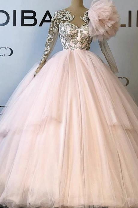 Pink Prom Dresses, Ball Gown Prom Dresses, Sweet 16 Dresses, Lace Applique Prom Dress, Long Sleeve Prom Dress, Prom Dresses 2022, Vestido De