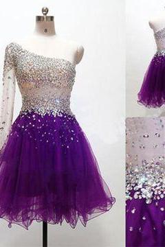 Short Homecoming Dresses, Purple Prom Dress, One Shoulder Prom Dresses, Crystal Prom Dresses, Beaded Prom Dress, Graduation Dresses, Vestido De
