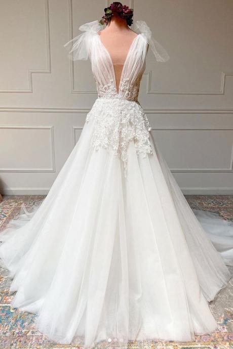 A Line Wedding Dresses, V Neck Wedding Dresses, Lace Applique Wedding Dresses, Wedding Dresses For Bride, Vestido De Novia, Elegant Wedding