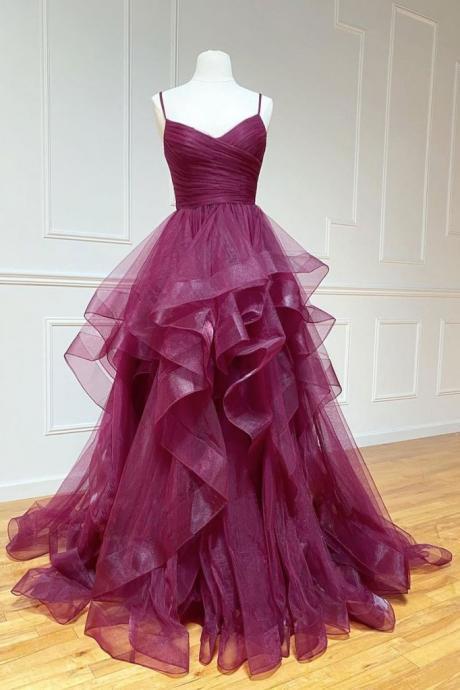 Tiered Prom Dress, Burgundy Prom Dresses, Spaghetti Strap Prom Dresses, Prom Dresses 2024, Vestido De Fiesta, Prom Dresses, Elegant Prom