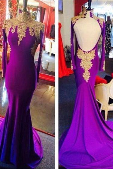 Purple Evening Dress, Long Sleeve Evening Dresses, Lace Applique Evening Dresses, Modest Evening Dress, Sexy Evening Dresses, Beaded Evening