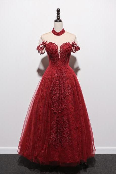 Red Prom Dress, Lace Applique Prom Dresses, High Neck Prom Dresses, Vintage Prom Dress, Robe De Soiree De Mariage, Elegant Prom Dress, A Line