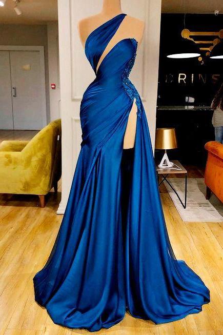 Blue Prom Dress, Beaded Prom Dresses, One Shoulder Prom Dresses, Pageant Dresses For Women, Lace Applique Prom Dresses, Prom Dresses, Prom