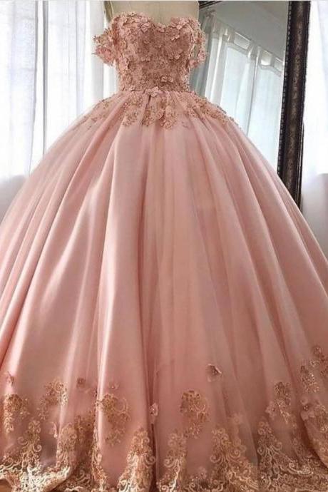 Lace Applique Prom Dress, Ball Gown Prom Dresses, 3d Flowers Prom Dress, Pink Prom Dress, Sweet 18 Dresses, Vestido De Graduacion, Robe De