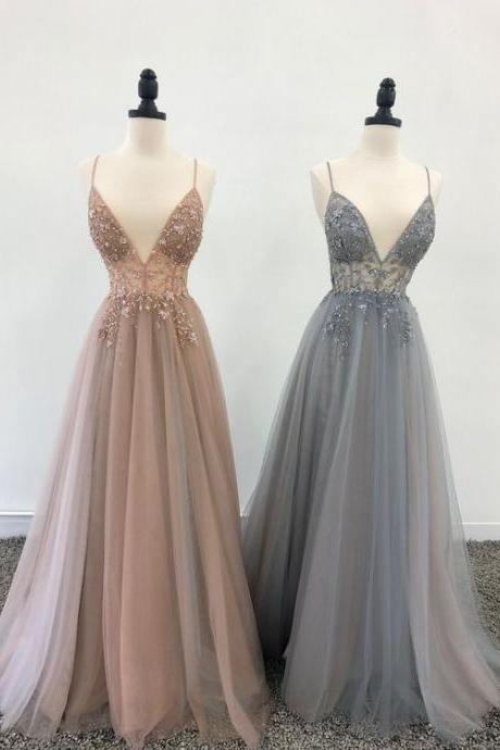 Spaghetti Strap Prom Dress, Beaded Prom Dresses, V Neck Prom Dress, Prom Dresses, Gray Prom Dress, Senior Prom Dresses, Prom Dresses 2023,
