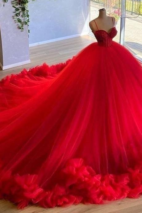 Red Wedding Dresses, Princess Wedding Dresses, Handmade Flower Wedding Dresses, Wedding Ball Gown, Beaded Wedding Dress, Red Quinceanera Dresses,