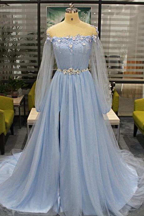 Long Sleeve Prom Dress, Elegant Prom Dress, Beaded Prom Dress, Vestido De Fiesta, Vestido De Longo, Blue Prom Dress, Prom Dresses, Prom Dresses
