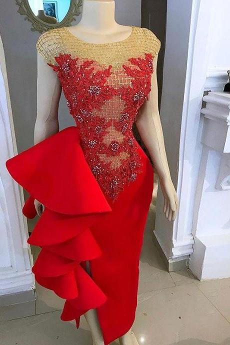 Red Evening Dresses Long Lace Applique Mermaid Modest Beaded Elegant Sexy Evening Gowns Vestido De Fiesta