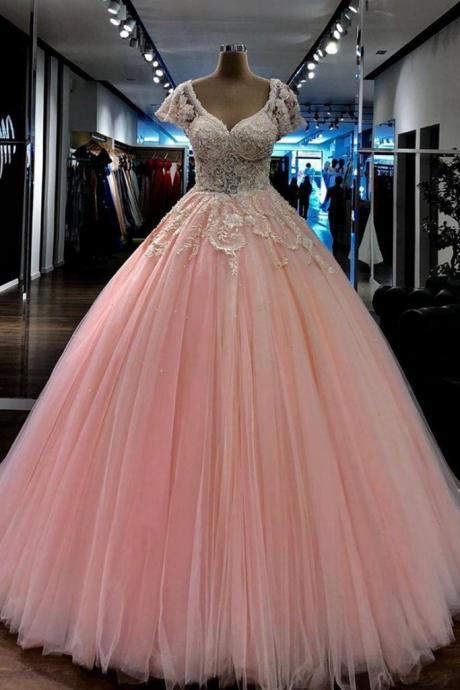 Pageant Dresses For Women, Baby Pink Prom Dress, Cap Sleeve Prom Dresses, Lace Applique Prom Dress, Prom Ball Gown, Beaded Prom Dress, Vestido De
