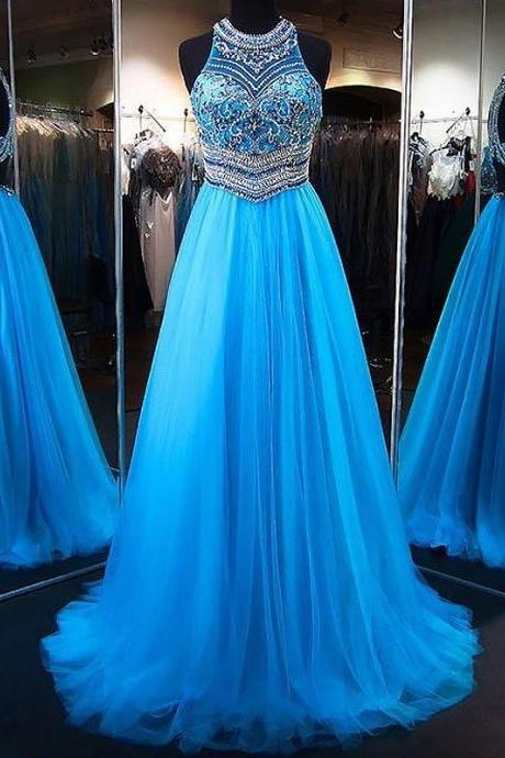 O Neck Prom Dresses, 2024 Prom Dress, Blue Prom Dress, Beaded Prom Dresses, 2023 Prom Dress, Luxury Prom Dresses, Robe De Soiree, Vestido De