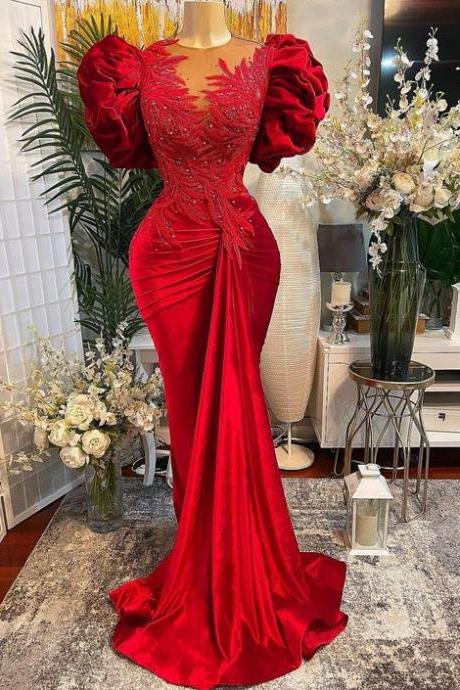 dubai fashion evening dress, red evening dress, elegant evening dress, mermaid evening dresses, lace applique evening dress, beaded evening dress, formal dress, evening gown, robe de soiree